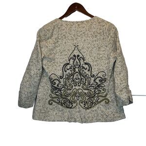 Coldwater Creek Blazer Size 6 Tan Beaded Floral Khaki Top Open Ruched 3/4 Sleeve